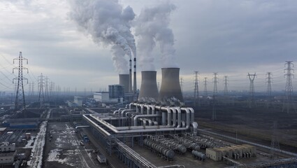 A Coal Power Plant Featuring Massive Cooling Towers Emitting Thick White Steam