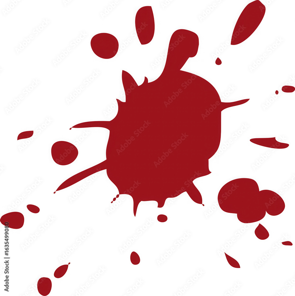 Poster a vivid red blood splatter graphic with a dynamic splash effect and smaller droplets scattered acros