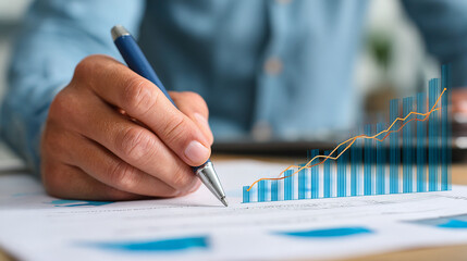 Man signing loan approval next to financial trend chart