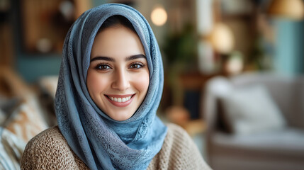 Smiling young woman in a blue hijab sitting on a sofa, perfect for confidence, lifestyle, and modern inspiration concepts