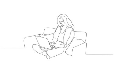 Continuous one line drawing of freelancer working with laptop on a couch, remote working concept, single line art