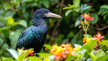 Naklejka premium A colorful bird perched among vibrant flowers