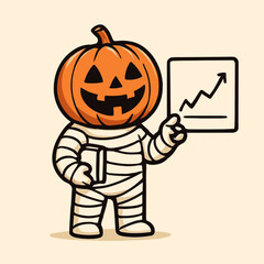 Cartoon pumpkin-mummy shows growth chart with book in hand—spooky meets smart.