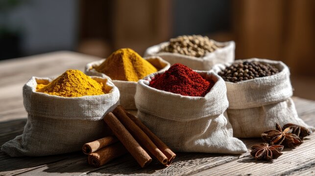 A collection of colorful dried spices piled inside natural fabric sacks, with hues ranging from bright turmeric yellow, deep red chili flakes, rich brown cinnamon sticks, to earthy cumin seeds