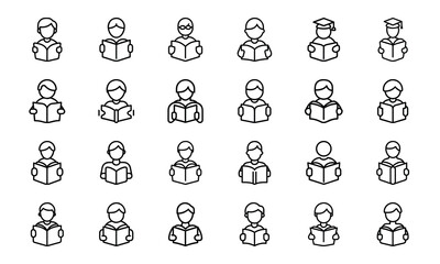Obraz premium 24 Education and School Line Icons Learning, Teaching, Online Classes, Graduation, Science, Math, and Classroom Vector Icon Set for Teachers, Students, and Educational Projects