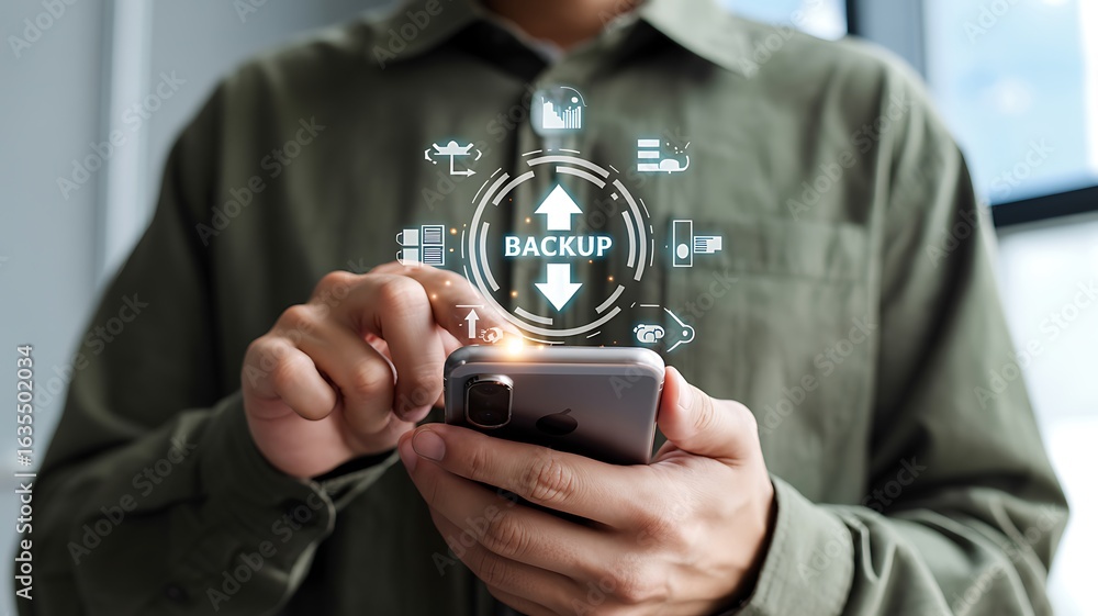 Poster man using a smartphone for data backup on a cloud server. concept of digital information security, f