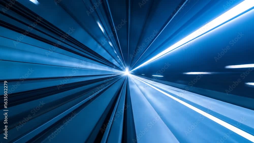 Poster blue light trails in a tunnel creating a sense of speed and futuristic motion with abstract lines an