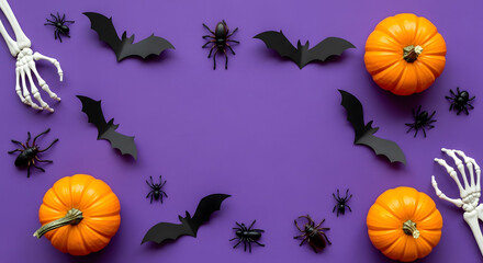 Halloween flat lay background with pumpkins, bats, spiders and skeleton hands
