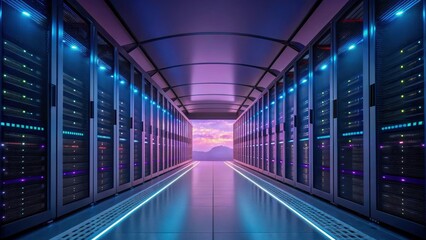 Modern data center showcases rows of servers illuminated by colorful lights, emphasizing importance of threat hunting in cloud networks