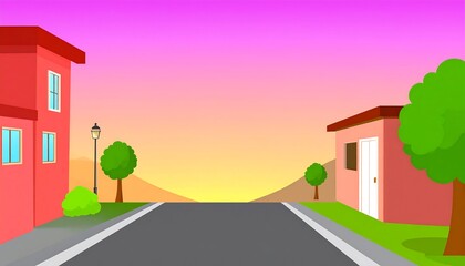Colorful cartoon illustration of a street scene at sunrise.