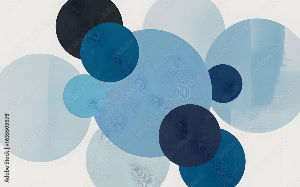 Poster abstract arrangement of overlapping circles in various shades of blue geometric pattern