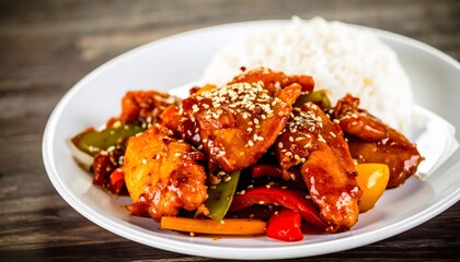 Savory glazed chicken stir-fry with vibrant bell peppers and fluffy white rice