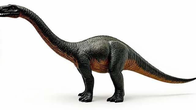 Plastic brachiosaurus toy standing on a white background, creating a simple yet captivating image