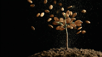 Time-lapse of seed growing into a money tree in business context.
