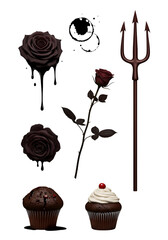 Isolated Dark Roses Cupcakes and Trident Illustration on Black Background