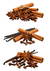 Isolated Culinary Spices Cinnamon Sticks Star Anise Cloves And Vanilla PNG