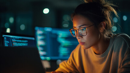 Woman software engineer debugging code on a laptop with AI assistant on screen.