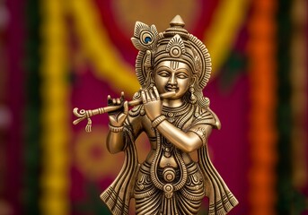 Krishna Statue with Peacock Crown in Front of Festive Drapes