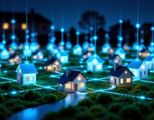 Interconnected Digital Houses Night Scene