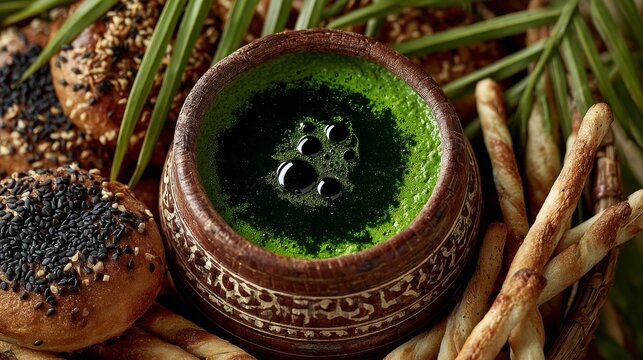 A vibrant green soup in a carved wooden bowl topped with black olives, - Powered by Adobe
