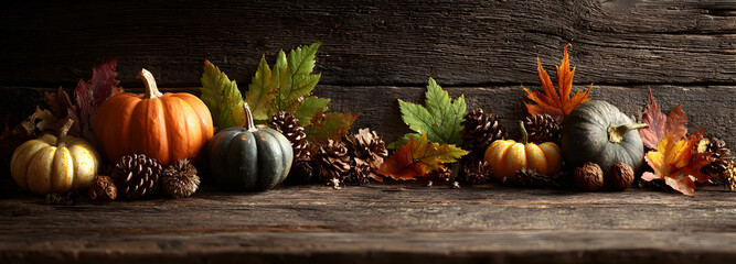 Thanksgiving fall autumn themed banner with leaves and pumpkins on dark wood panel table