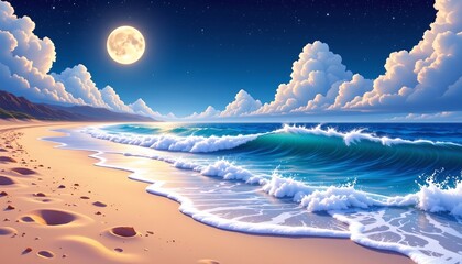 Tranquil Nighttime Beach with Starry Sky and Waves