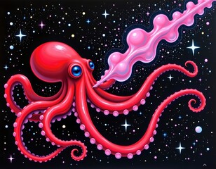 Vibrant Red Octopus Cosmic Space