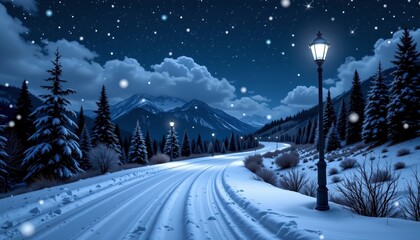 Serene Winter Night with Snowy Pathway and Stars