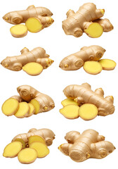 Isolated Ginger Roots And Sliced Pieces On Transparent Background