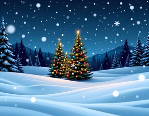 Serene Winter Night with Festive Evergreen Trees