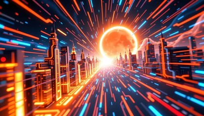 Futuristic Cityscape with Vibrant Orange Lights