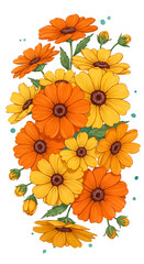 Isolated Floral Illustration of Yellow and Orange Flowers on Black Background