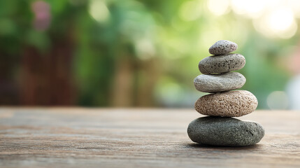 Photo of a balanced stack of stones on an outdoor table with a blurred nature background. Web banner with copy space on the right.