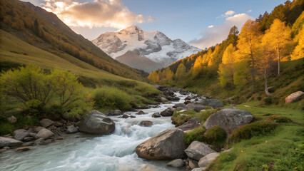 A stunning mountain river flows through an Alpine landscape, showcasing the serene beauty of nature's green valleys, rocks, and sky