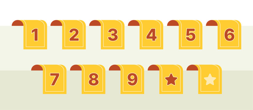 Vector set of yellow bookmark-style chapter number icons. Ideal for marking sections in textbooks, planners, or digital presentations. Clean flat design for educational, UI, or infographic use.