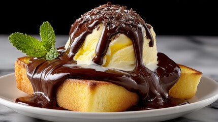 A scoop of vanilla ice cream melts on caramelized toast with chocolate syrup, garnished with fresh mint leaf,