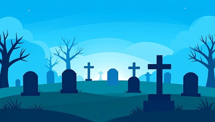 Fototapeta premium Silhouettes of tombstones and trees in a graveyard at dawn.