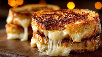 Golden brown grilled cheese sandwiches with melted creamy cheese oozing out,