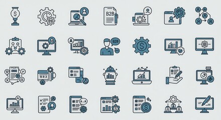 A set of conceptual icons depicting various aspects of business, data analysis and networking