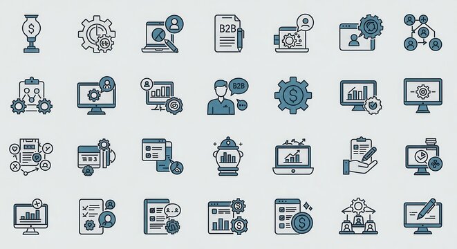 A set of conceptual icons depicting various aspects of business, data analysis and networking - Powered by Adobe