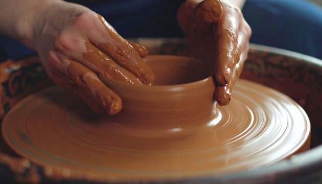 Artisan potter's hands skillfully shaping a wet clay pot on a spinning pottery wheel