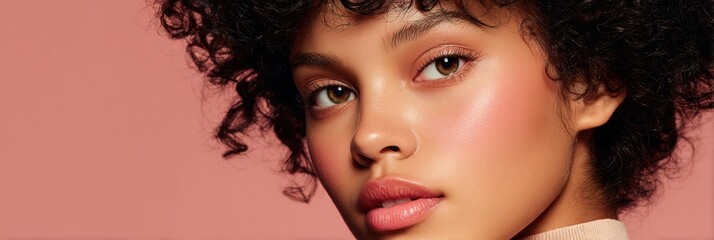 Soft Blush on Cheeks Enhances Natural Beauty Against a Warm Neutral Background With an Open Right Side for a Fresh and Inviting Look