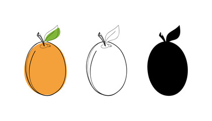 Apricot is colored with a leaf. Vector illustration with a line, contour, silhouette, hand-drawn, flat design. A set of different versions of modern fruit graphic elements, icons for decoration