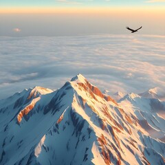 anime-style panoramic mountain peak, semi-realistic anime lighting, crisp snow glistening in the morning sun, vast horizon fading into mist, golden highlights along ridges, eagle soaring in the distan