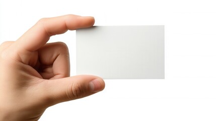 Obraz premium A human hand holds a blank white card. The hand is of a light skin tone, with fingers positioned to display the card prominently.