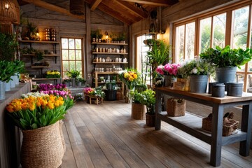 A warm and inviting flower shop interior, neatly arranged with colorful blooms such as roses, tulips, lilies, and orchids