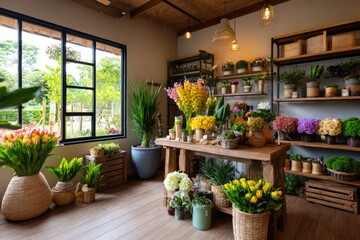 A warm and inviting flower shop interior, neatly arranged with colorful blooms such as roses, tulips, lilies, and orchids