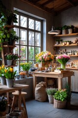 A warm and inviting flower shop interior, neatly arranged with colorful blooms such as roses, tulips, lilies, and orchids