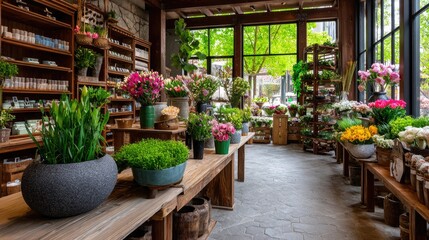 A warm and inviting flower shop interior, neatly arranged with colorful blooms such as roses, tulips, lilies, and orchids