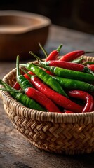 A woven basket filled to the brim with fresh red and green chili peppers